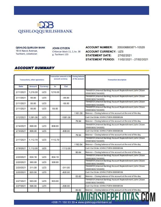 Banco de Construção Rural do Uzbequistão Excel Pdf exemplo